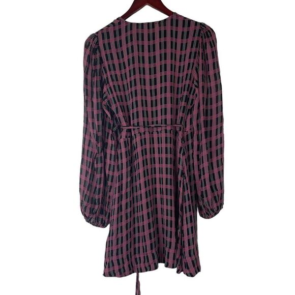 Ganni size EU 38 US 6 pink black Checked georgette mini wrap dress long sleeve - Picture 7 of 11